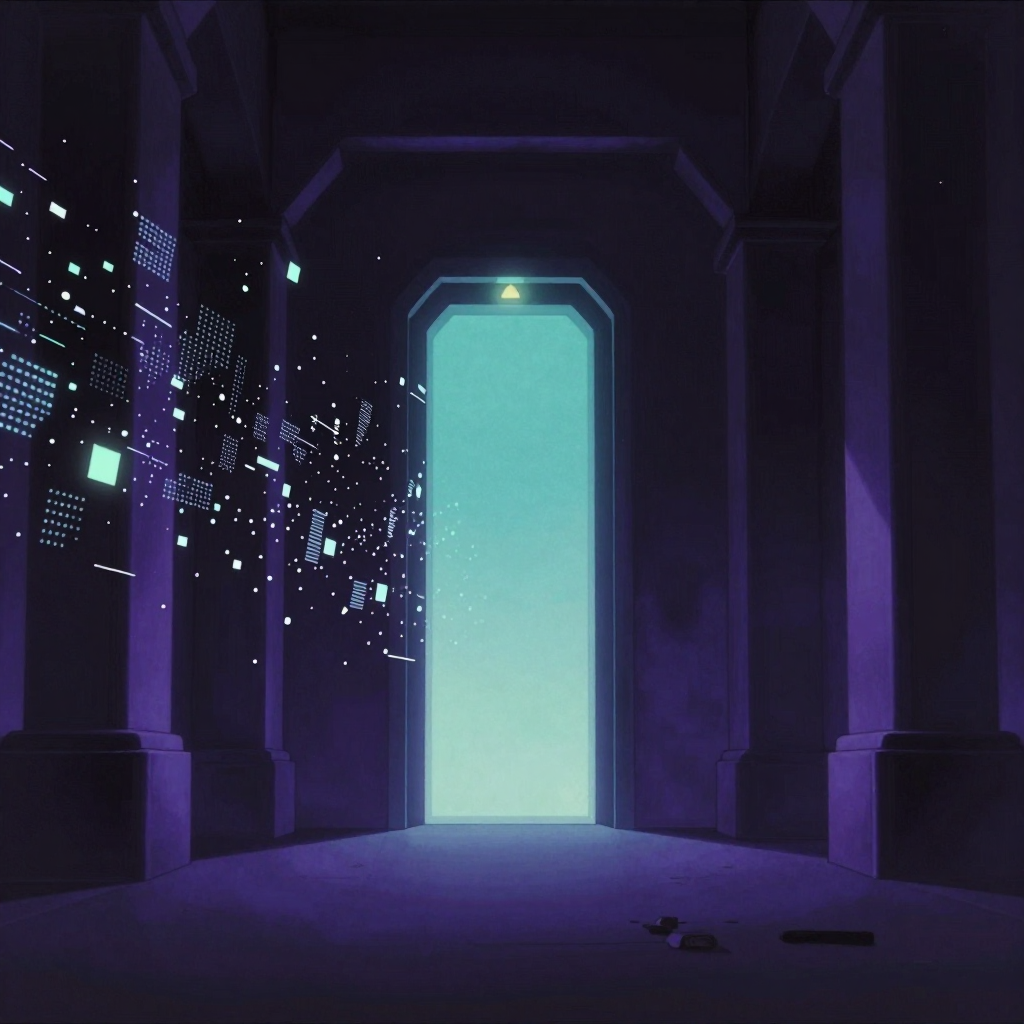 A luminous threshold gate in a vast dark hall — chaotic data fragments swirling on one side, clean passage ahead, single warning light above