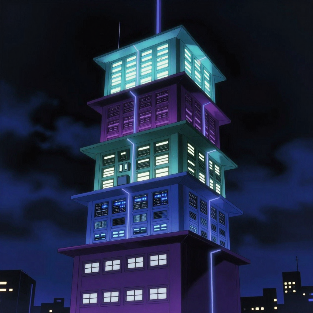 Five layers stacked vertically in a single cyberpunk tower — each floor a separately glowing colour, each connected by light beams running between them