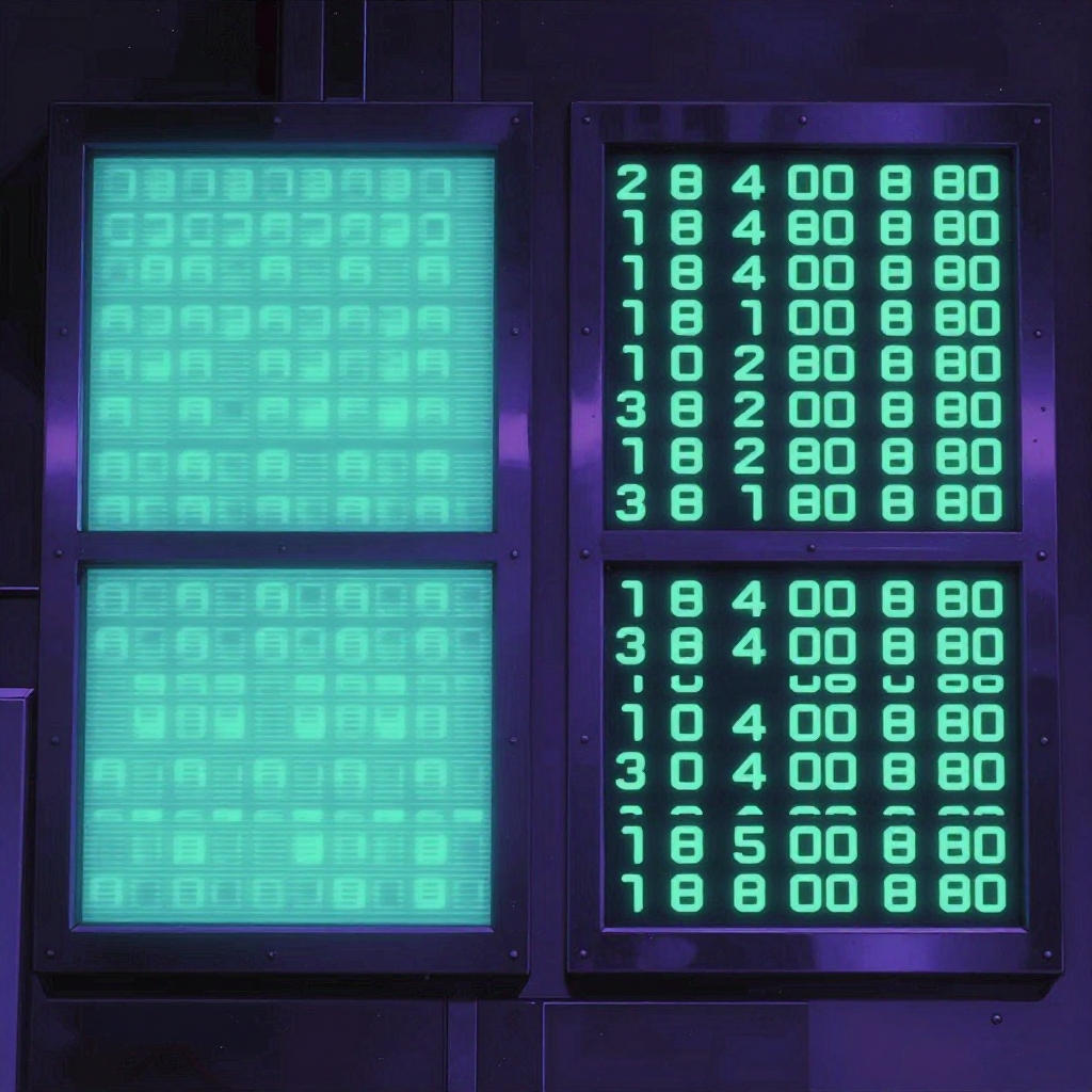 Two scoreboards side-by-side in a cyberpunk control room — one shows a uniform grid of indistinguishable squares, the other shows distinct numerical readouts in clearly varied patterns