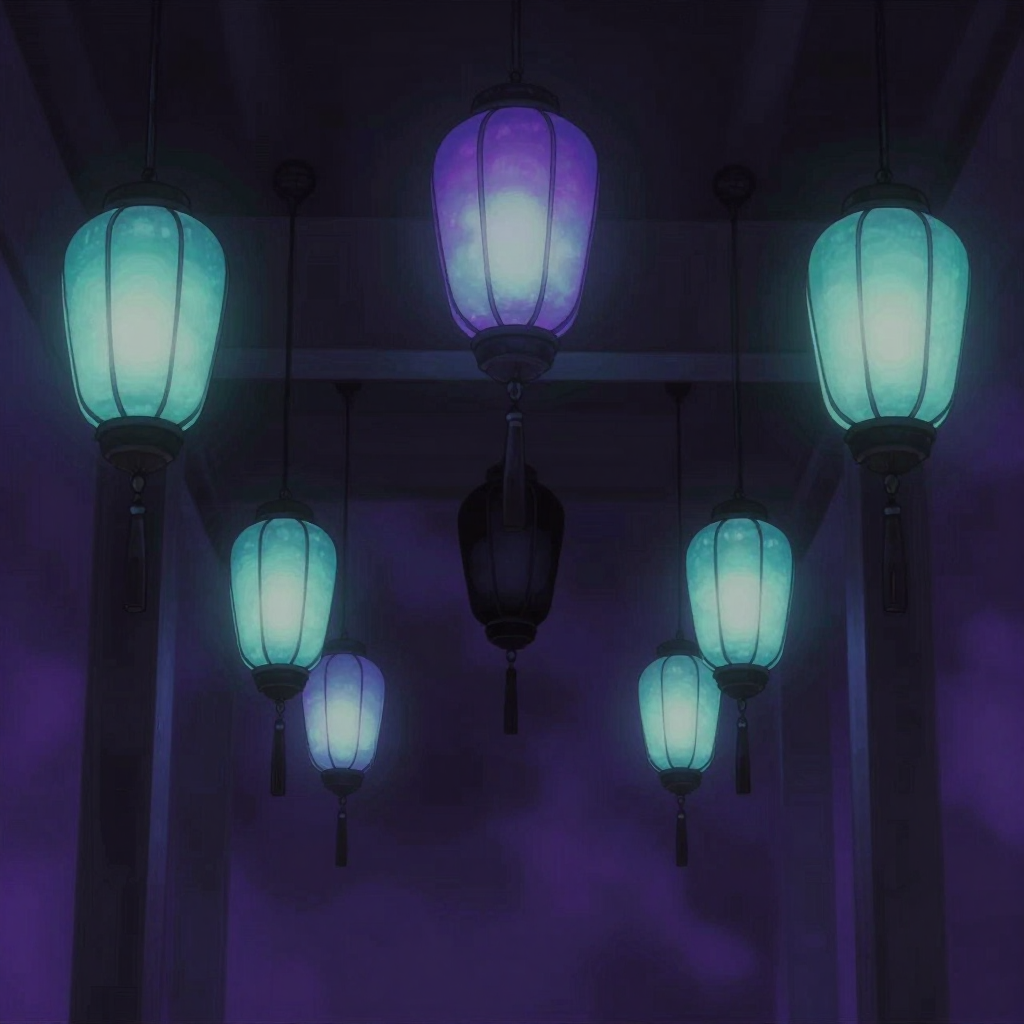 Six lanterns hanging in a dark cyberpunk hall, five glowing brightly, one extinguished — graceful degradation as one node offline while the others continue