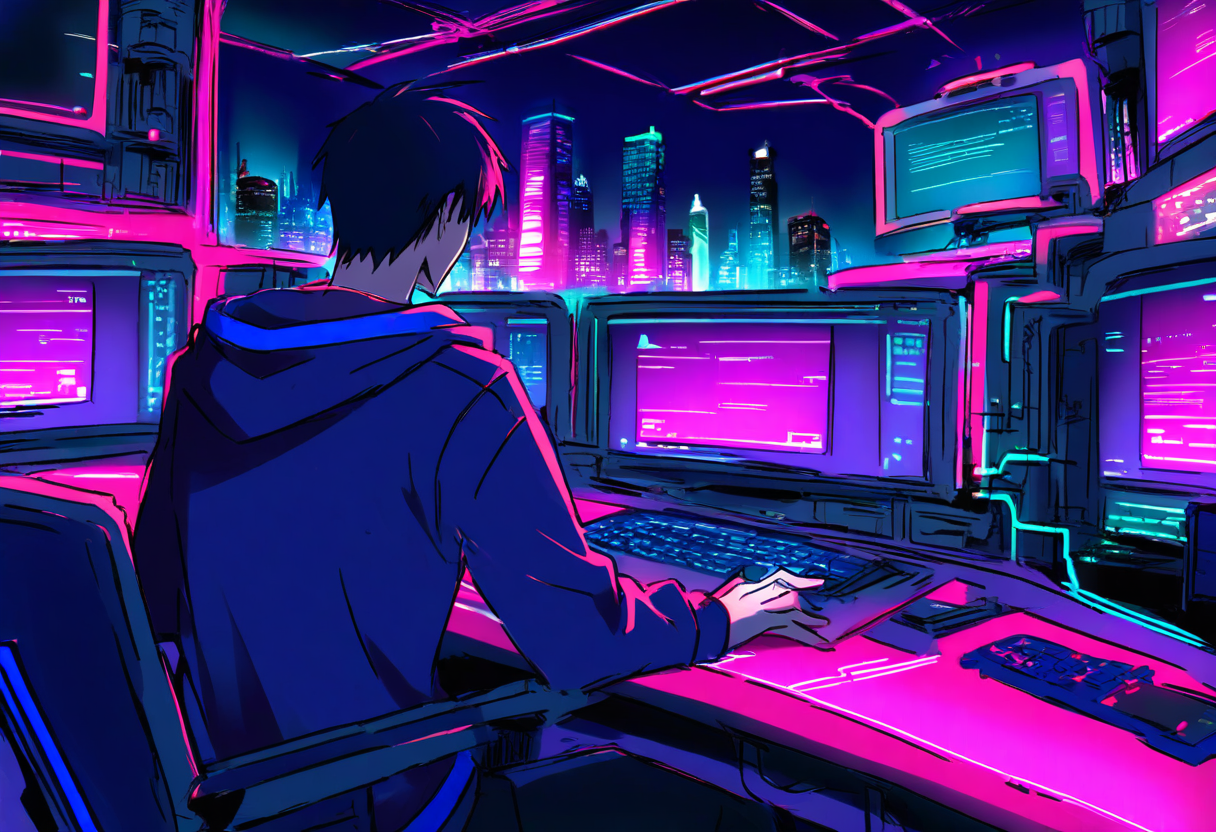 A retro-anime engineer at a multi-monitor cyberpunk workstation, the screens glowing with a sprawling code-graph visualisation and a refactor diff, deep purple and teal ambient lighting