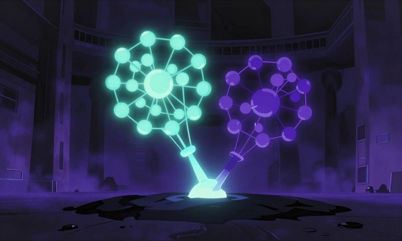 Two glowing graph structures rising from a single luminous foundation in a vast dark architectural hall, one fully and steadily lit in teal, the other in deep purple still forming