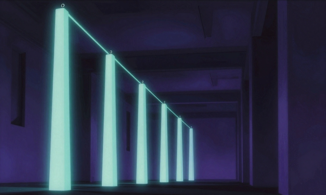 Seven luminous teal pillars descending in perspective through a dark architectural hall, a thin tracing line of light walking from the topmost pillar down through every pillar in sequence