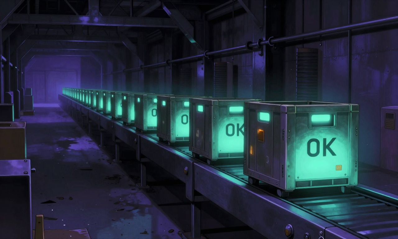 An industrial conveyor belt running through a dark warehouse, a queue of glowing teal crates flowing past a checkpoint into atmospheric depth — same seam, every consumer keeps moving regardless of which side degrades