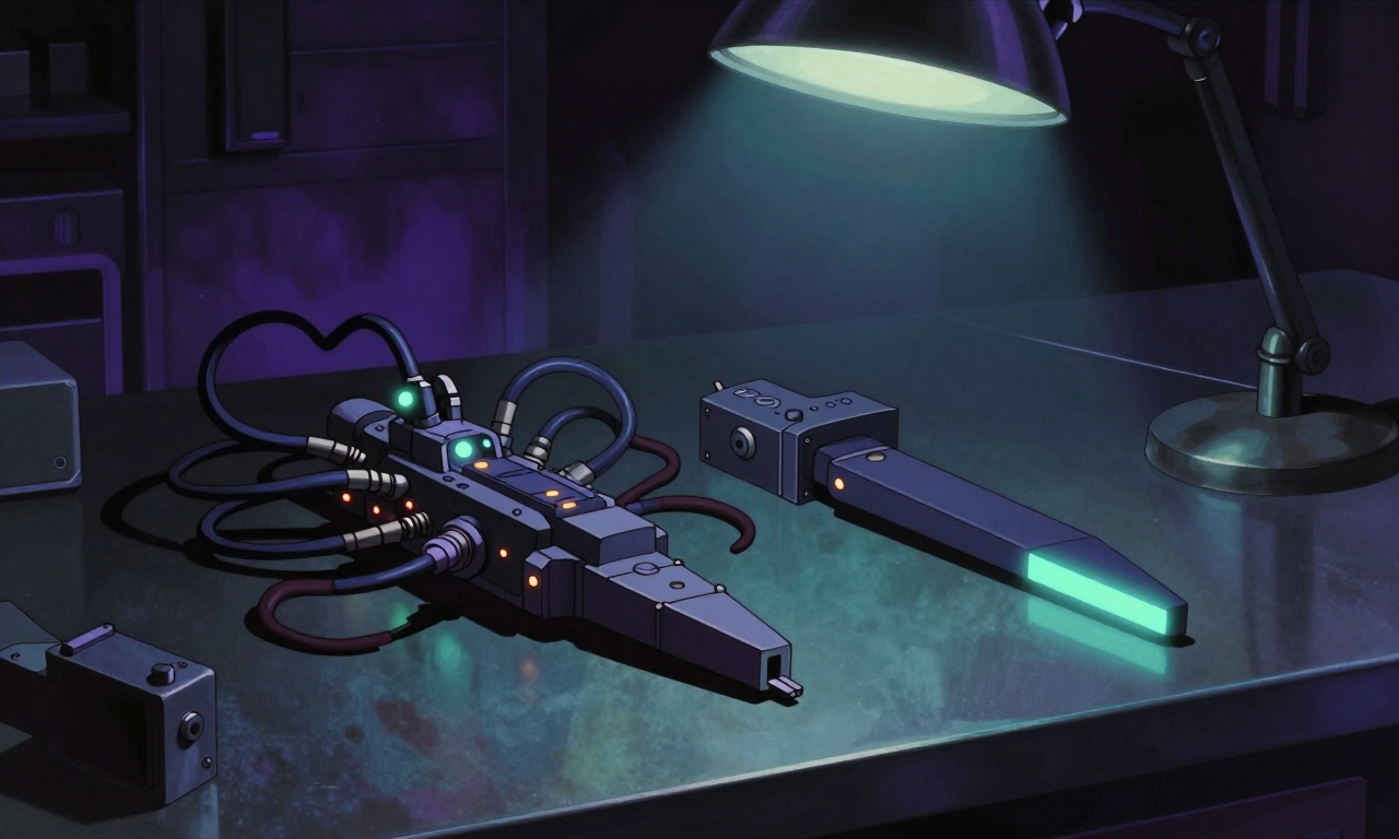 Two precise mechanical instruments lying side by side on a dark workbench under a hanging lamp, the left instrument complex and sprawling with many tendrils suggesting probabilistic spread, the right instrument simple and solid with a single steady teal-glowing edge suggesting deterministic certainty