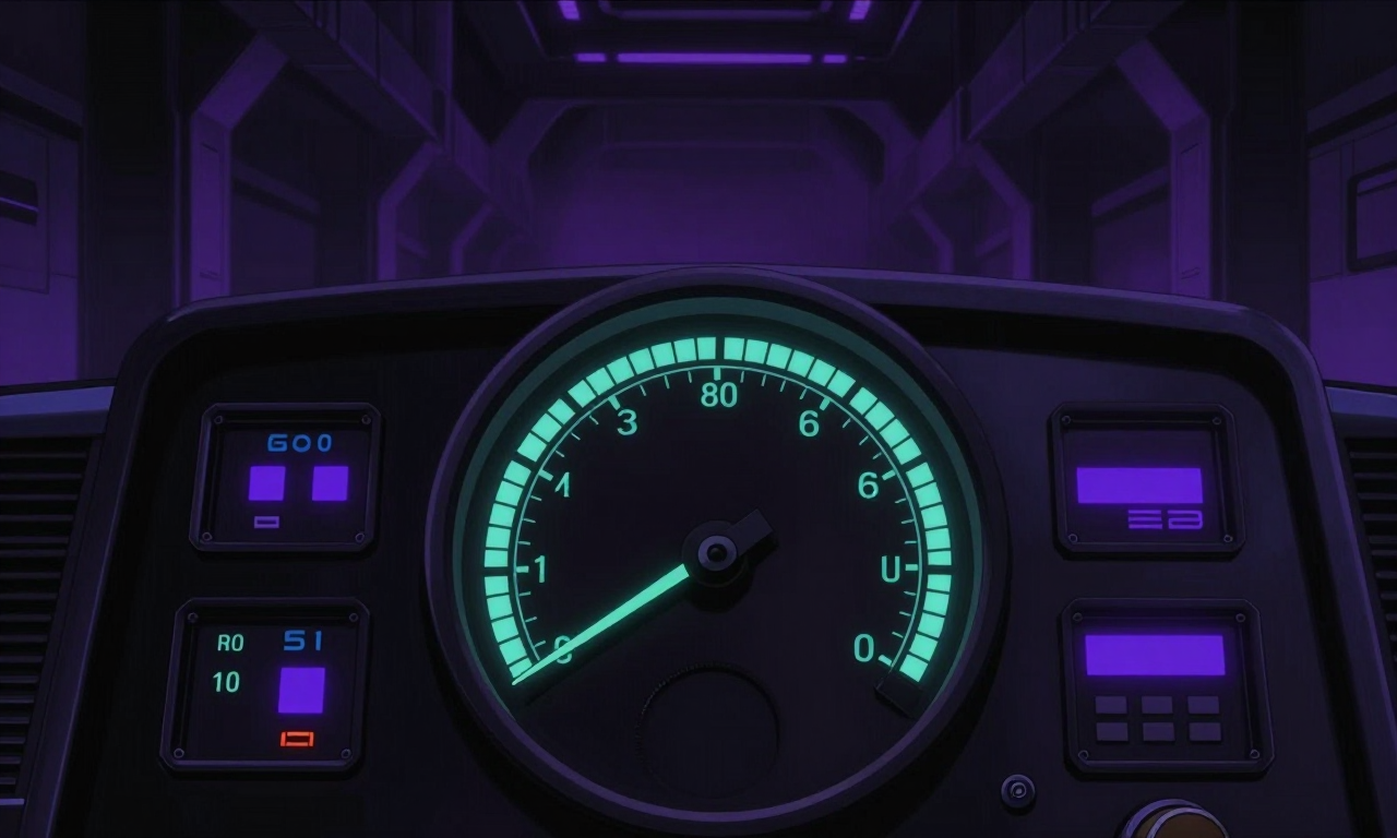 A large retro analog dial meter set into a dark cyberpunk instrument panel, the needle pointing at peak position on a face of teal-glowing tick marks and segment readings, deep purple ambient lighting on the surrounding panel