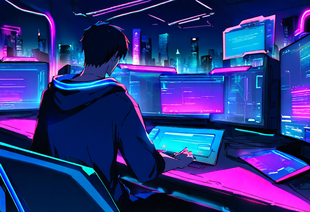 A retro-anime engineer at a multi-monitor cyberpunk workstation at night, three screens glowing with code and dashboards, deep purple and blue ambient lighting, city skyline through the window
