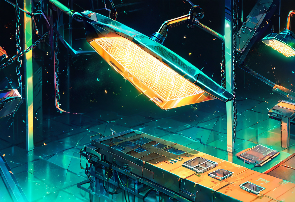 A fine mesh sieve suspended by chains in a dark industrial room, clean teal crystals falling through into a collection tray below, chaotic amber debris caught on top — bounded tool beats general-purpose