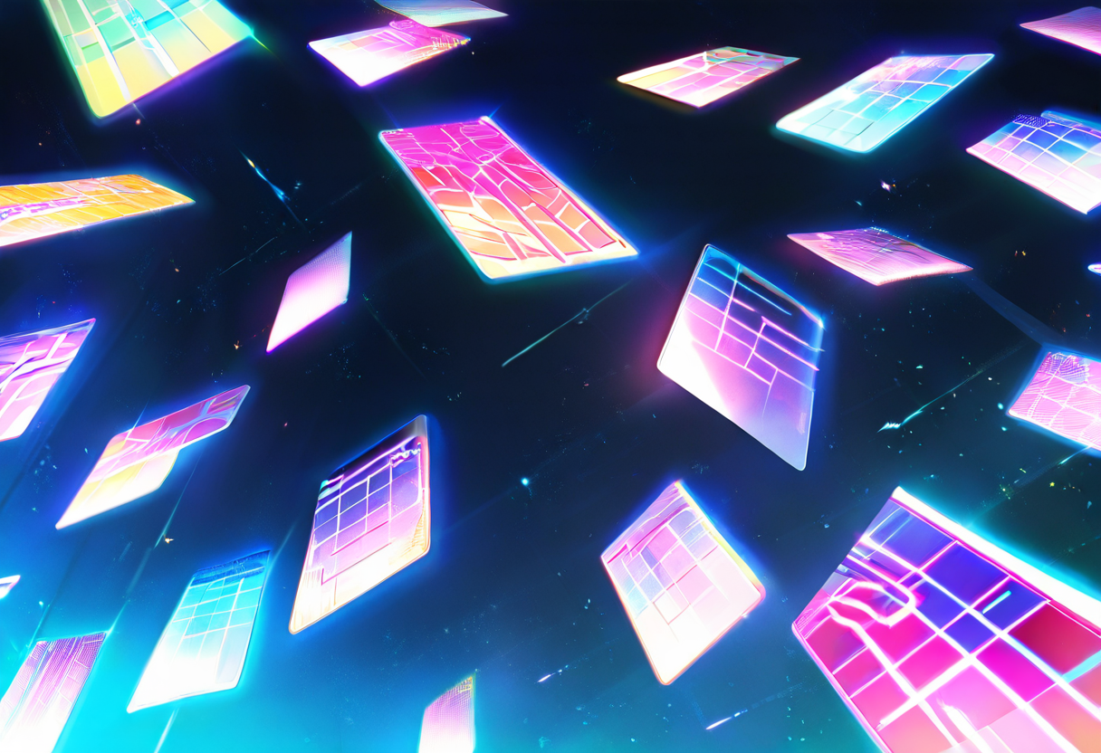 A wall of small glowing holographic cards arranged in three columns on a dark wall, most glowing soft teal green, two glowing amber — twelve tickets across twenty-six hours