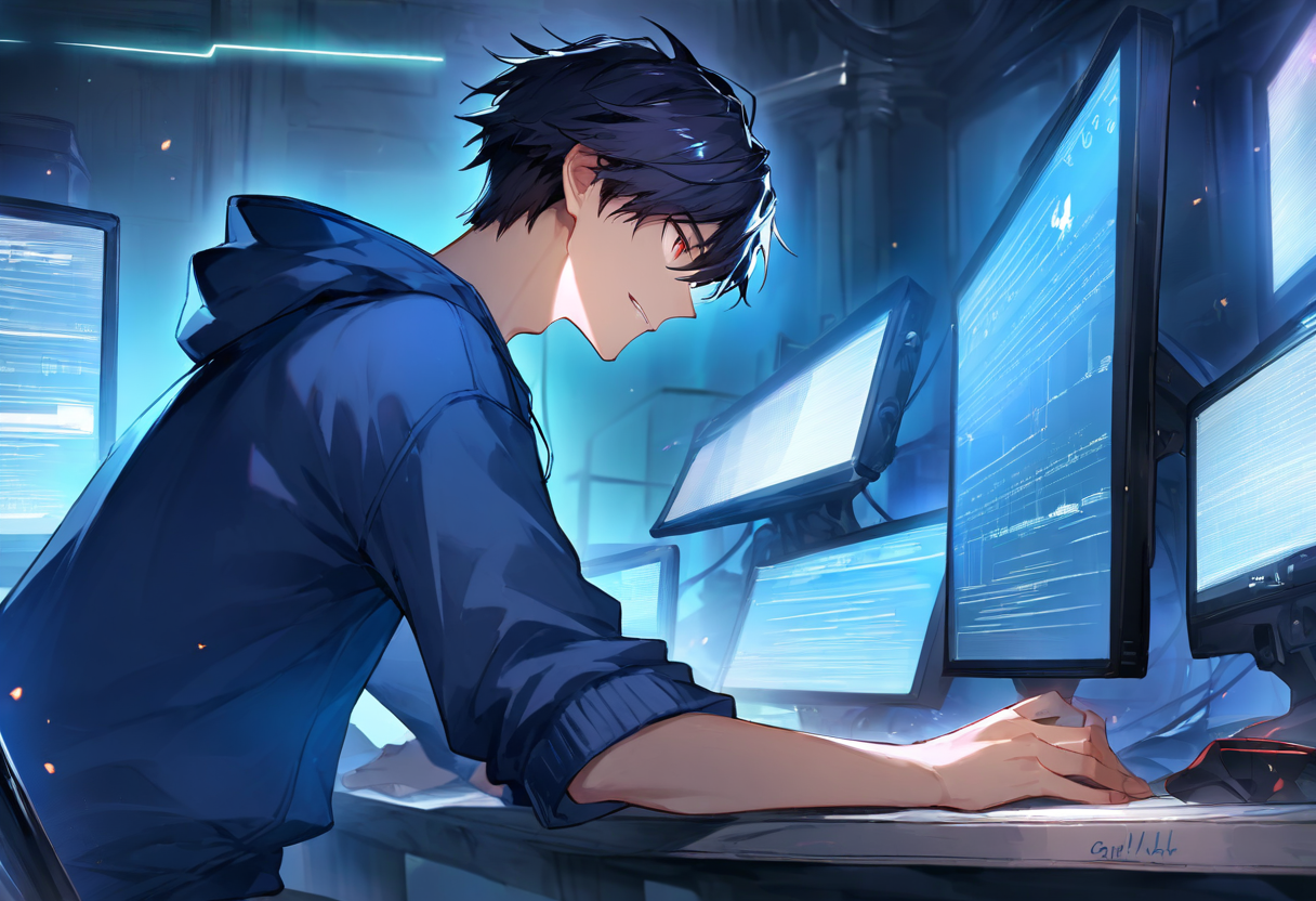 A hooded engineer in side profile leaning into a glowing workstation in a dark cyberpunk room, multiple screens and hardware behind, blue and cyan light — heads-down for the long weekend
