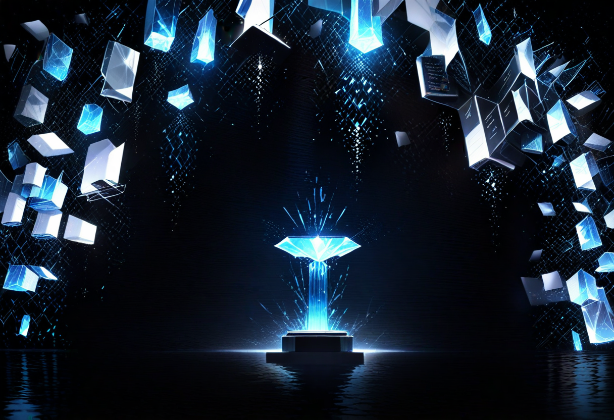 A single brilliant faceted crystal in sharp focus resting on a stack of documents, light shards radiating — one atomic fact standing out among the documents