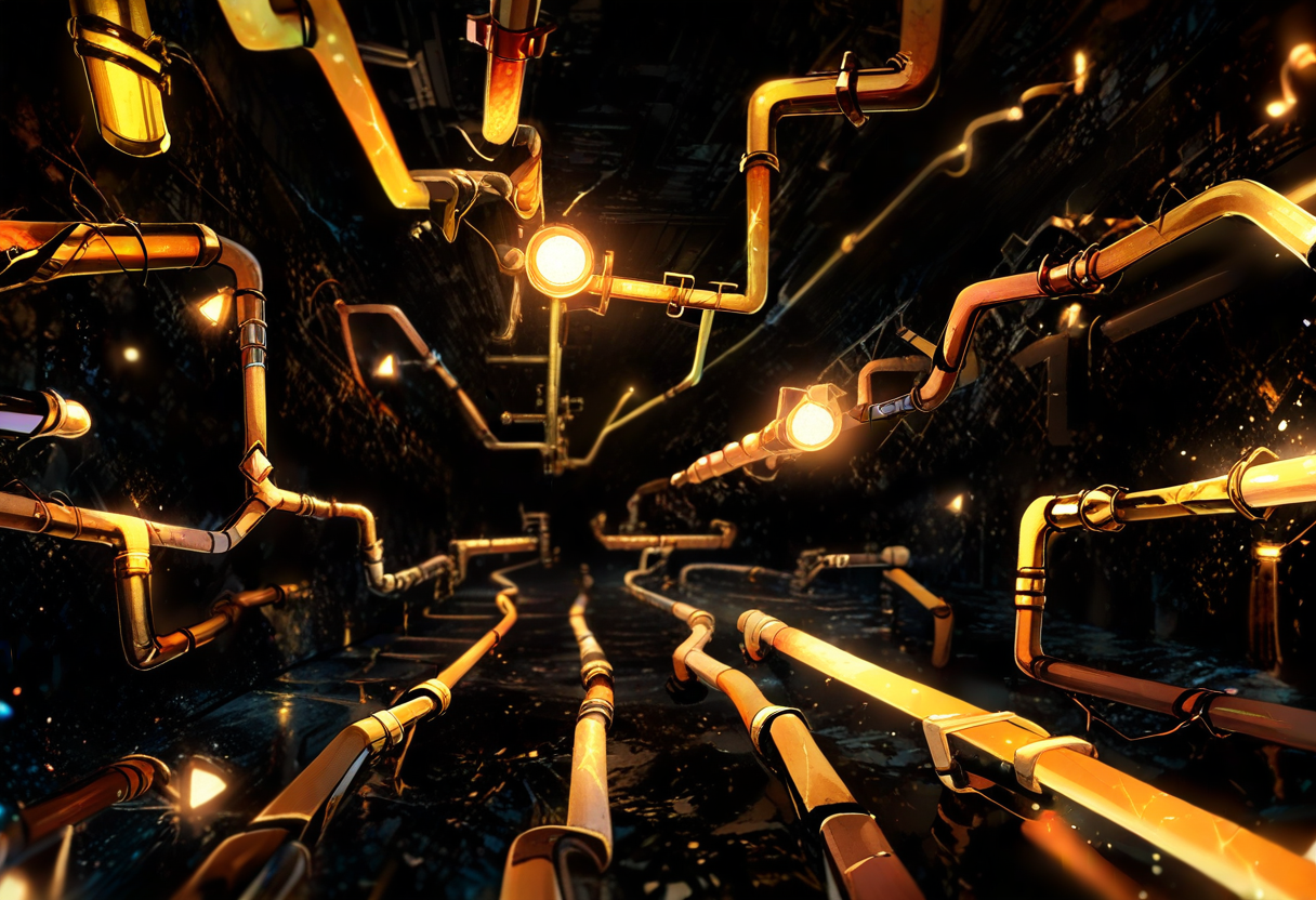 A branching network of conduits and pipes receding into the dark, amber junction lights glowing along the joins — the tangle of routing paths where the bugs hid