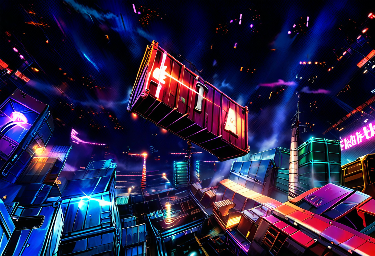 A dark cyberpunk container port at night, one container glowing red among long rows of teal stacks — one flagged threat caught among many