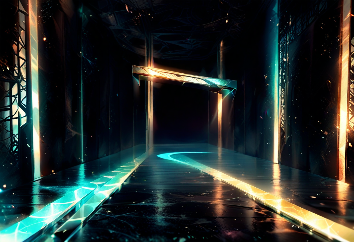 A dark corridor of many light streams all converging toward one bright gateway aperture — every result funnelled through a single consolidated filter