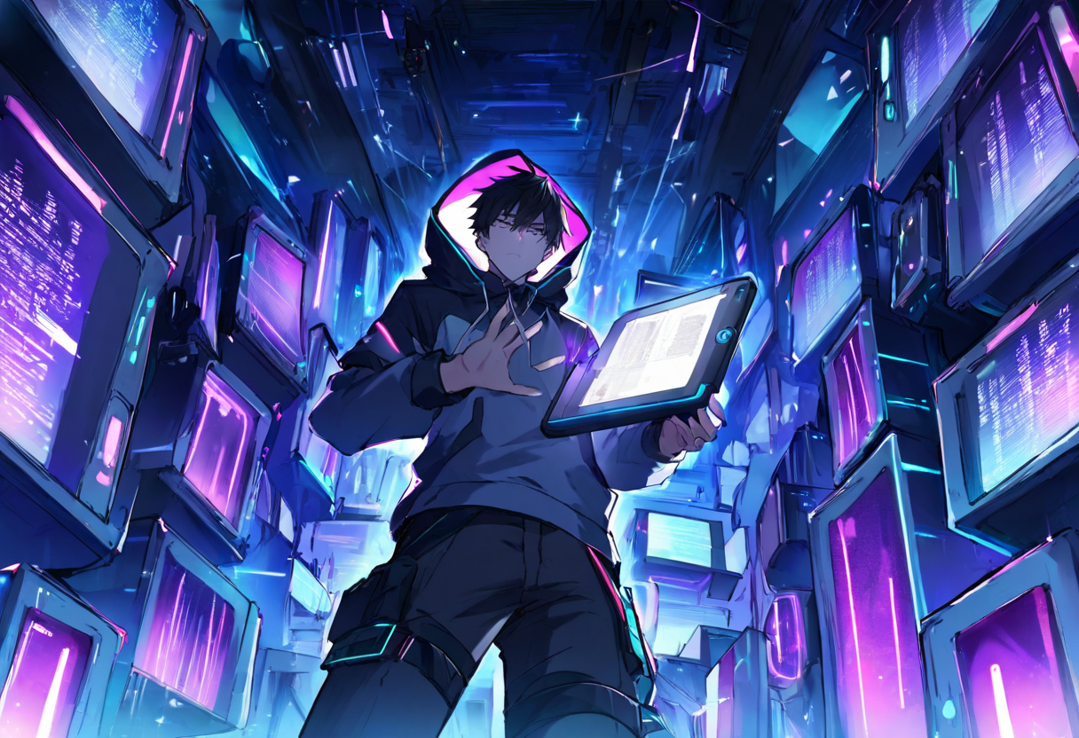 A hooded engineer standing in a dark archive corridor, holding one small glowing tablet that lights his face from below, walls of storage racks receding into shadow — the one record that survived the bug that ate the evidence