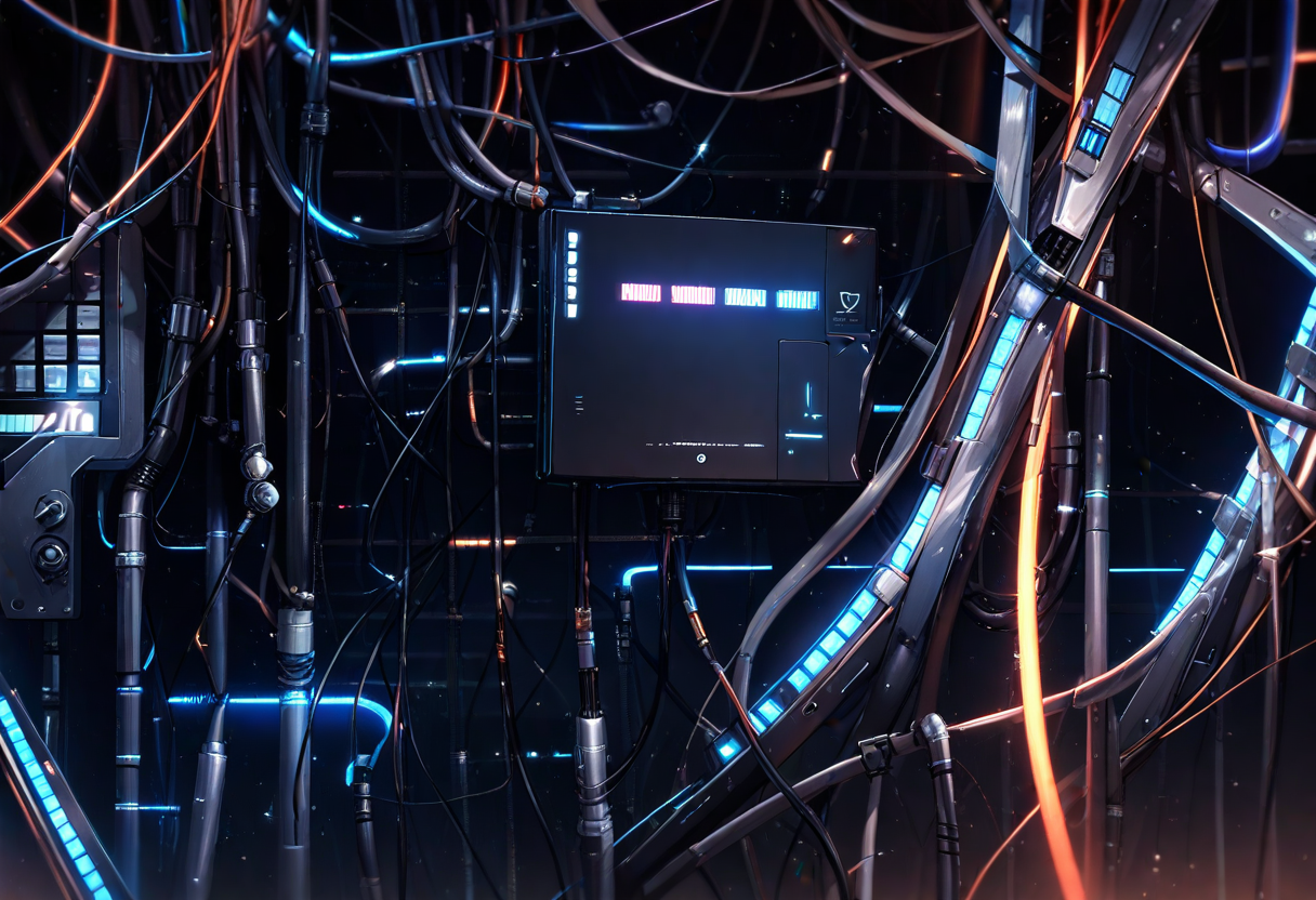 A dense tangle of dark sagging cables crowding around one clean glowing panel on an industrial wall — the sync/threading hybrid wrapped around a path that should have been simple