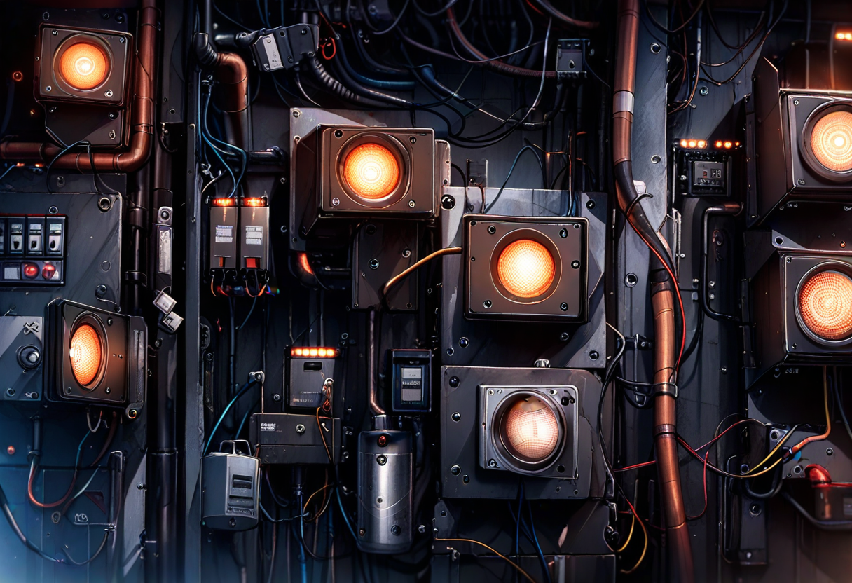 A wall of industrial panels with their covers removed, exposed wiring and rows of amber warning lamps glowing in the dark — the assumptions that lit up the moment the cover came off