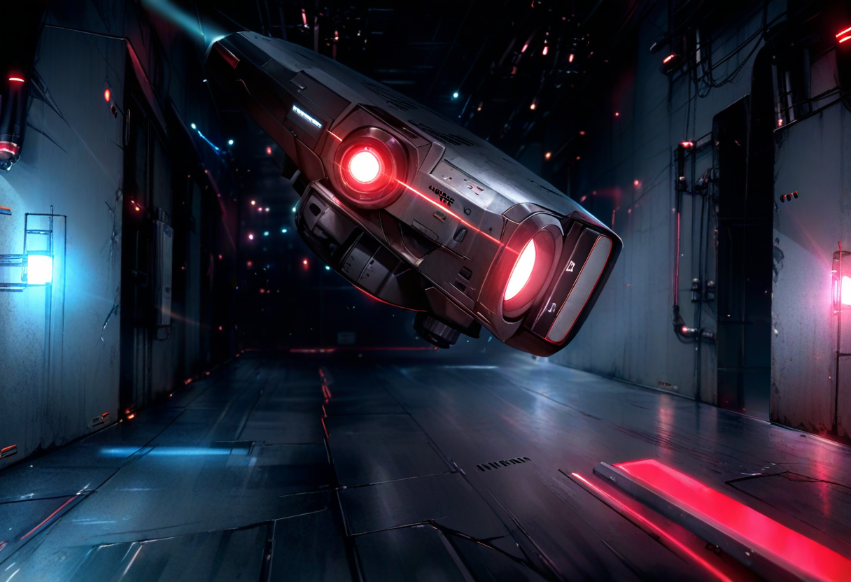 A single small surveillance drone hovering in the dark corridor of its own facility, searchlight ahead and a red warning glow on the wall — the automation inspecting the house it lives in