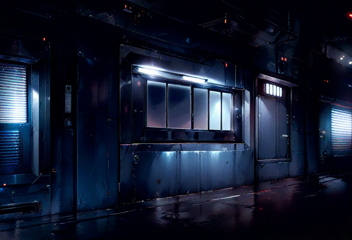 A dark industrial wall at night with a row of windows, one covered by a heavy armored shutter while the neighbouring windows remain plain glass — the defense narrower than the exposure