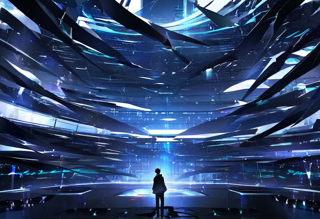 A small lone figure standing on the floor of a vast dark machine hall, looking up at a glowing ceiling structure high above with light beyond it — the async ceiling the fast paths couldn't touch