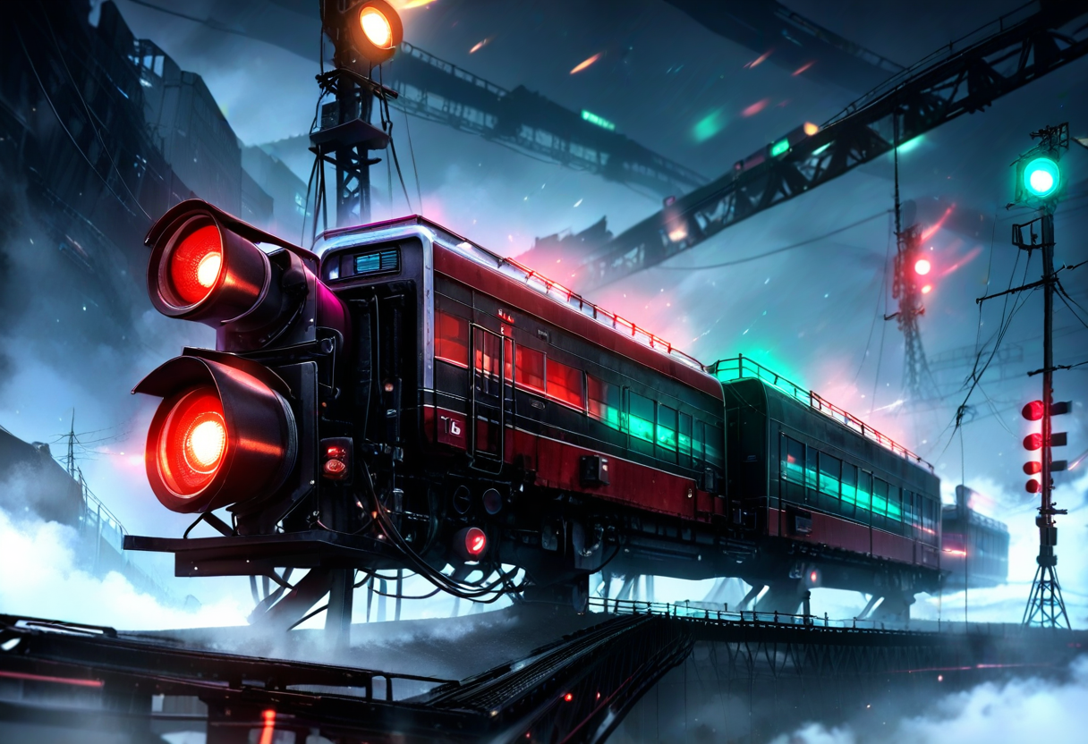 A railway signal mast at night in fog, lamps glowing red and green at the same time — two benchmark runs on the same hardware, telling opposite stories