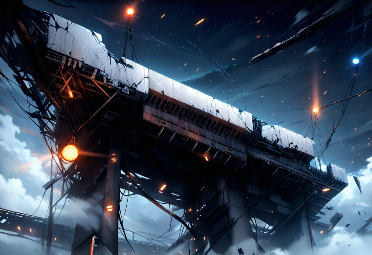 A broken elevated span ending abruptly in mid-air at night, debris hanging from the edge and work lamps still burning — the paths that were never actually finished