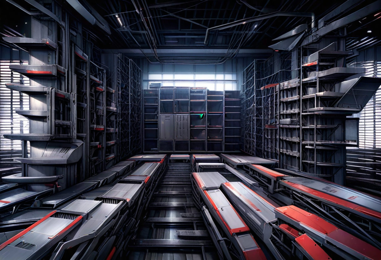 Rows of bare empty warehouse racks receding into a dark hall under a cold spotlight — three graphs, zero nodes, and a fleet patrolling nothing