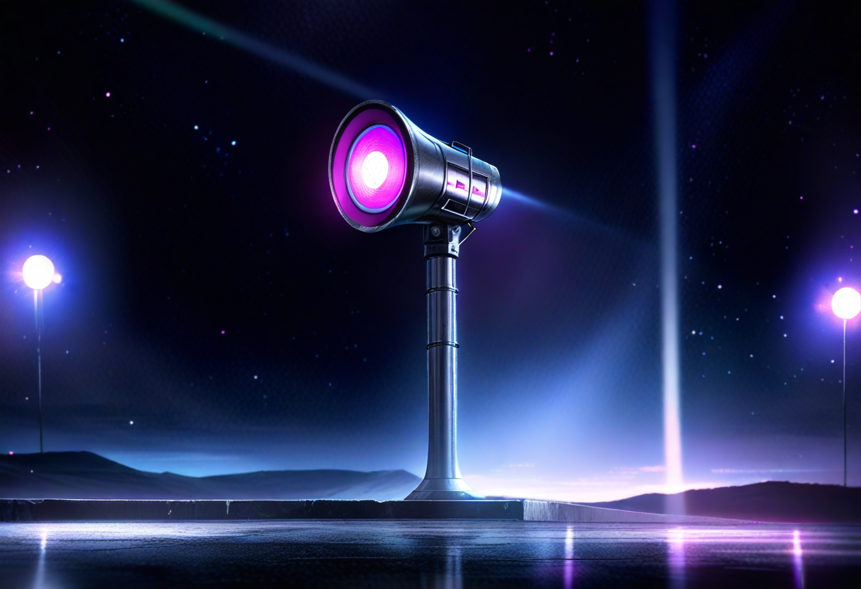 A lone industrial loudspeaker horn on a tall pole glowing softly, facing a vast empty darkness — a producer broadcasting 231 issues into a topic with no listener