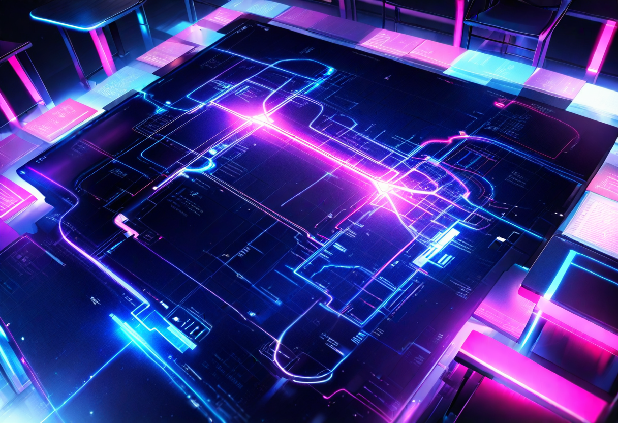 A dark planning table seen from above, a glowing blueprint map projected flat on its surface with distinct glowing route lines crossing it — the four tracks of the Q2 program, drawn on a Sunday morning